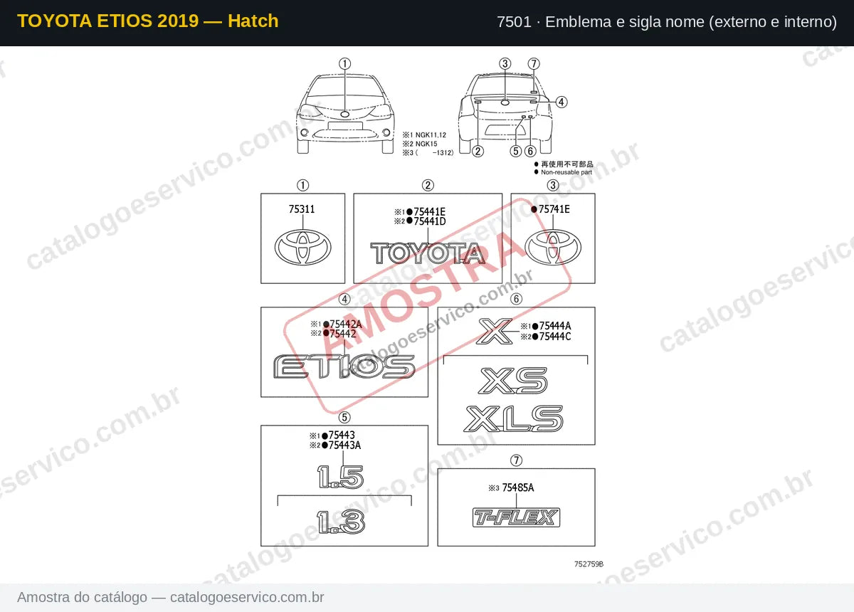Vista explodida Emblema e sigla nome (externo e interno) — Toyota Etios 2019 — Hatch