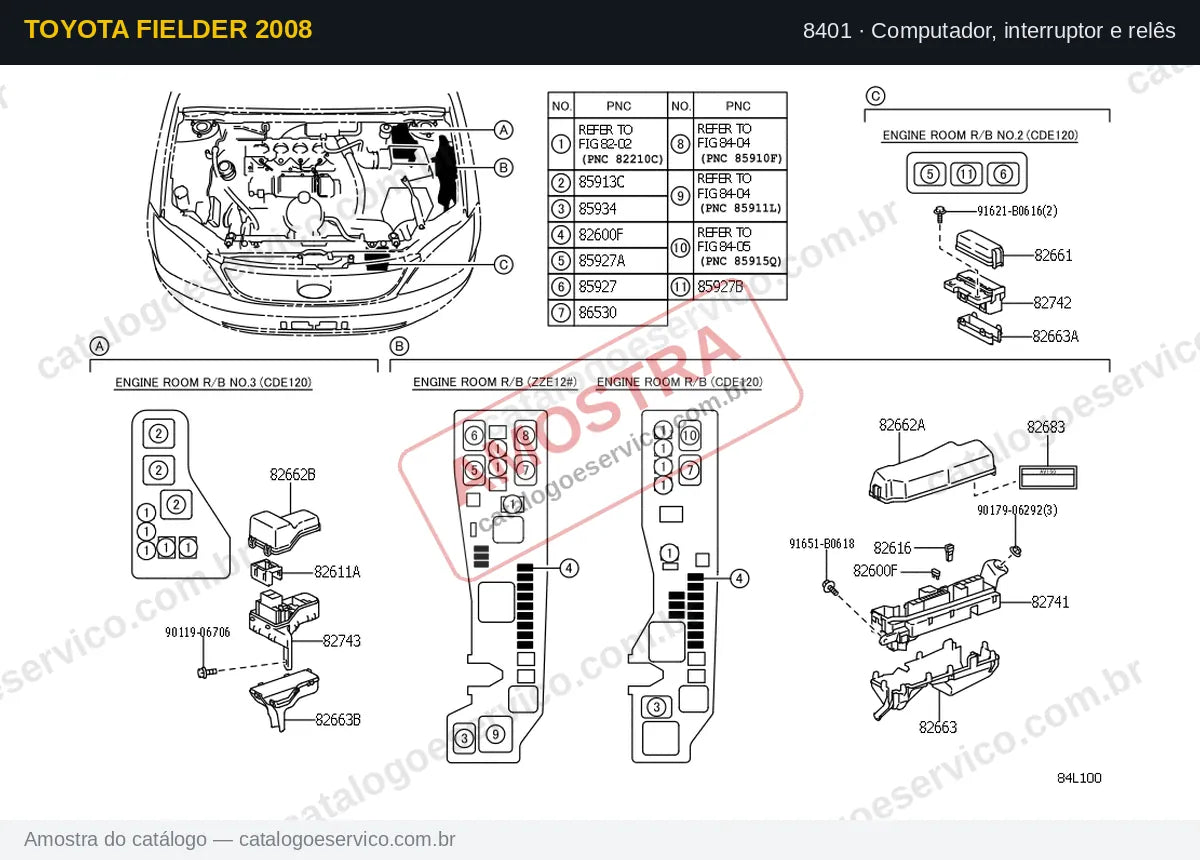 Vista explodida Computador, interruptor e relês — Toyota Fielder 2008