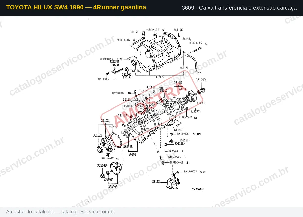 Vista explodida Caixa transferência e extensão carcaça — Toyota Hilux SW4 1990 — 4Runner gasolina
