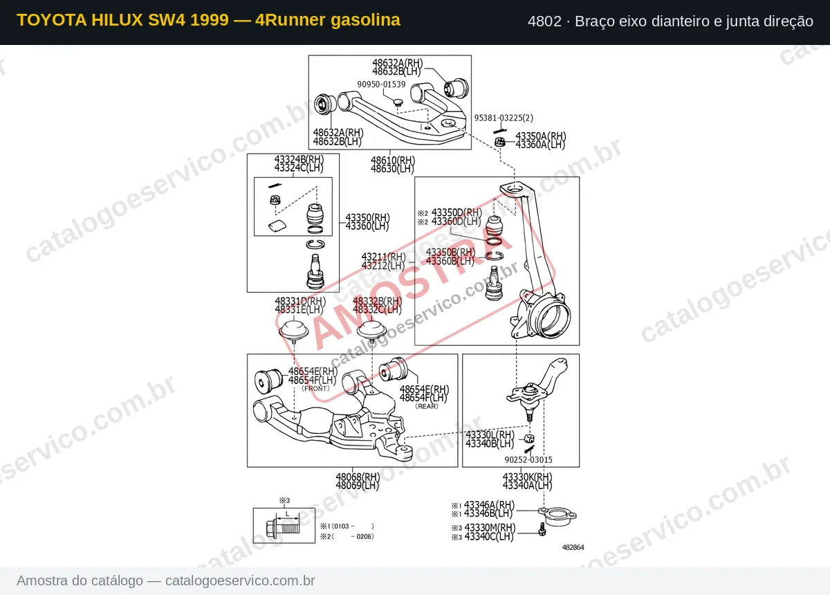 Vista explodida Braço eixo dianteiro e junta direção — Toyota Hilux SW4 1999 — 4Runner gasolina