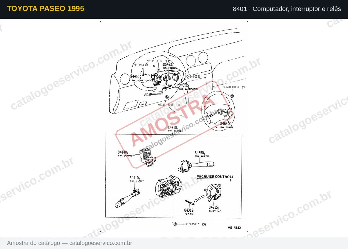 Vista explodida Computador, interruptor e relês — Toyota Paseo 1995