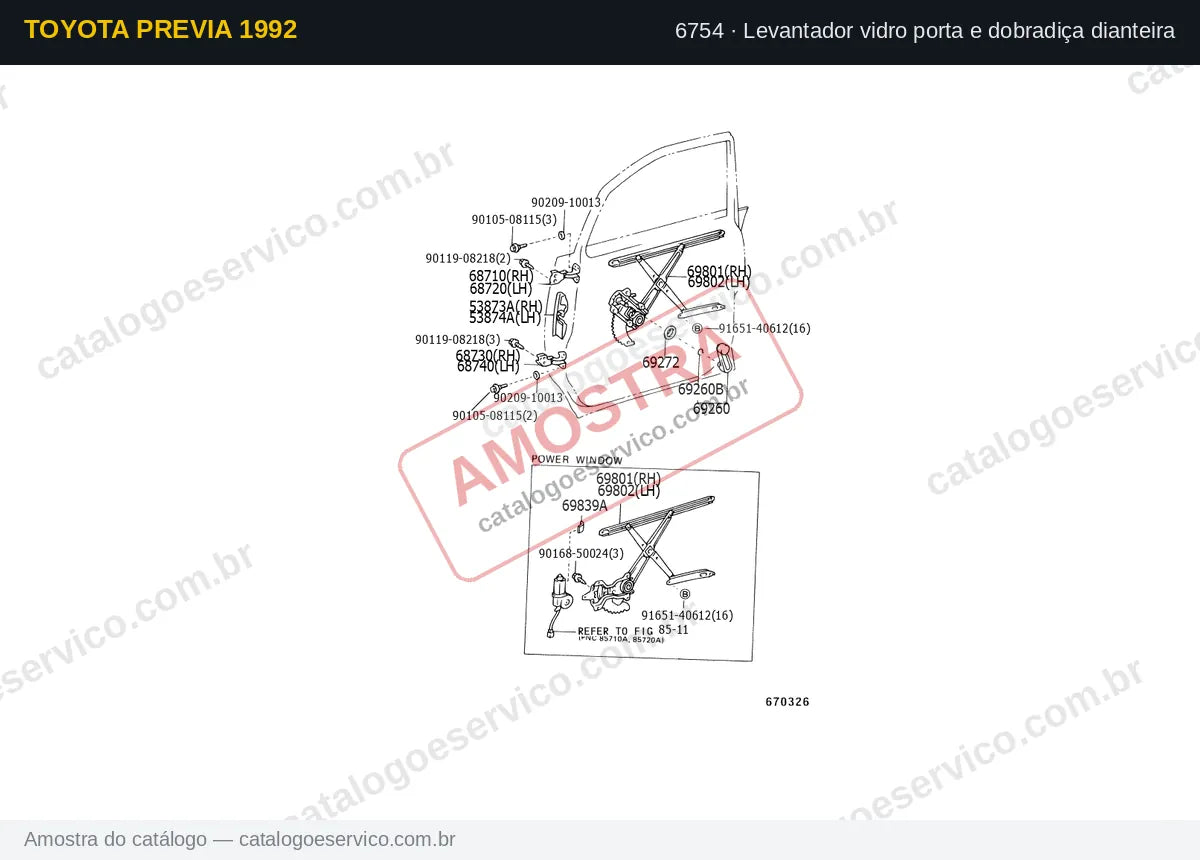 Vista explodida Levantador vidro porta e dobradiça dianteira — Toyota Previa 1992