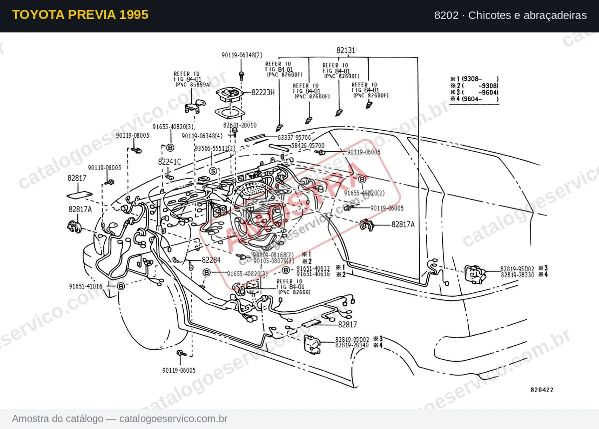 Vista explodida Chicotes e abraçadeiras — Toyota Previa 1995