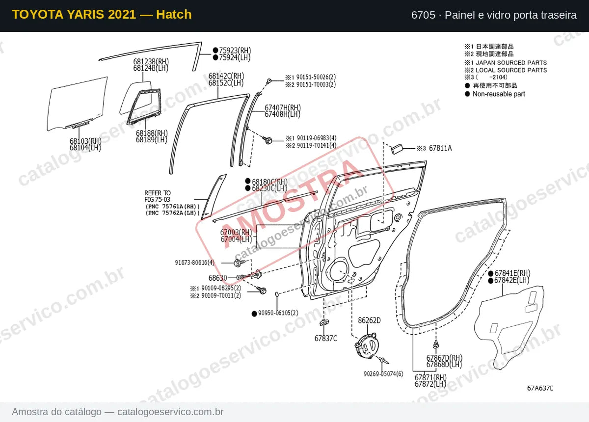 Vista explodida Painel e vidro porta traseira — Toyota Yaris 2021 — Hatch