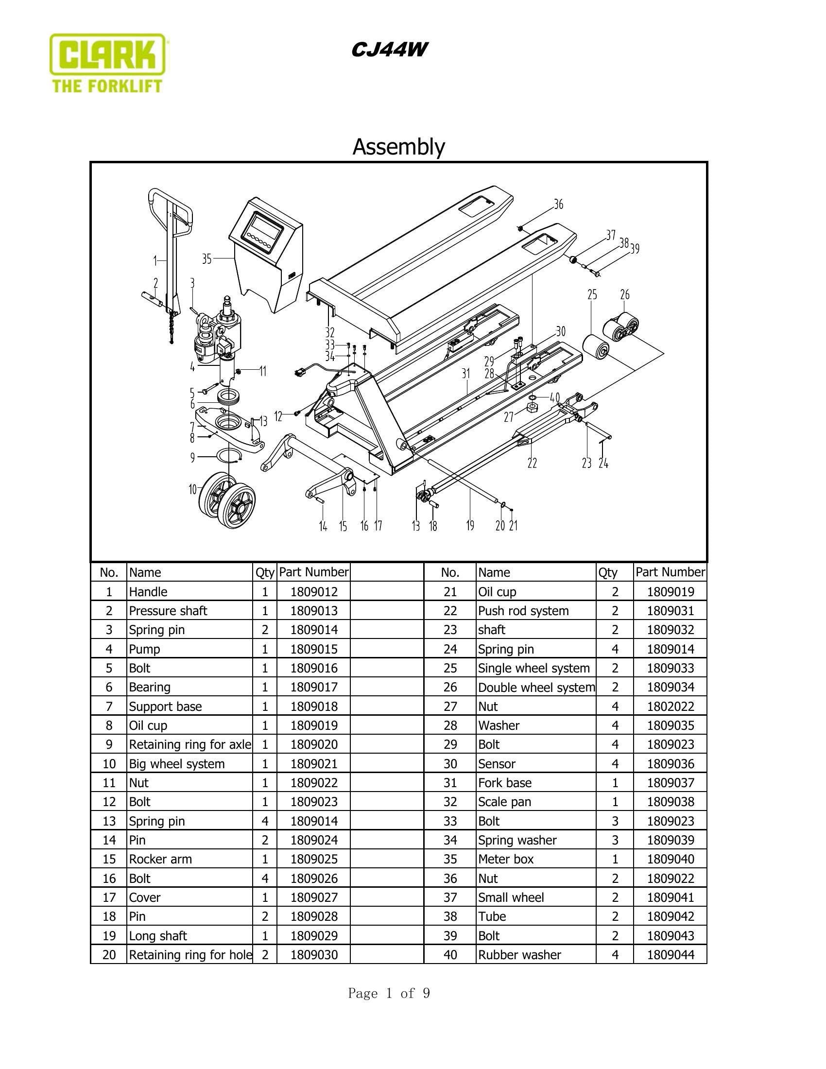 Catálogo de Peças Transpaleteira Clark CJ44W (Paleteira Manual Hidráulica com Balança/Pesagem) - página interna