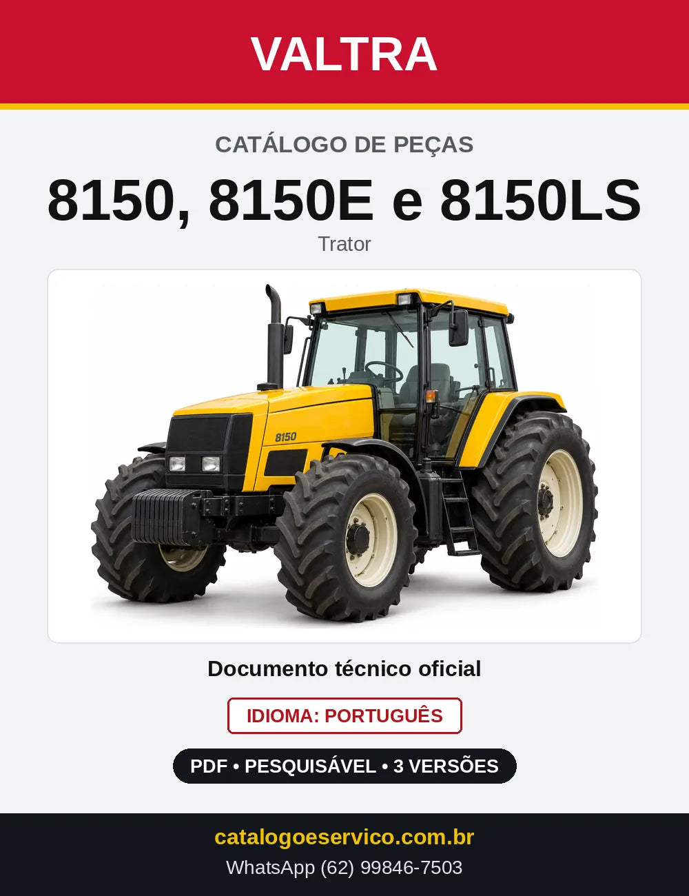Capa do Catálogo de Peças Valtra 8150, 8150E e 8150LS — Trator