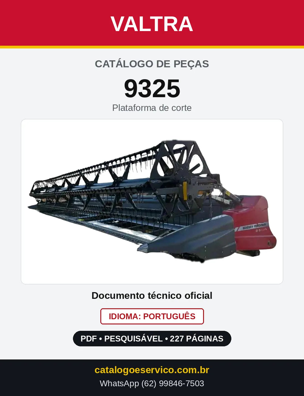 Capa do Catálogo de Peças Valtra 9325 — Plataforma de corte