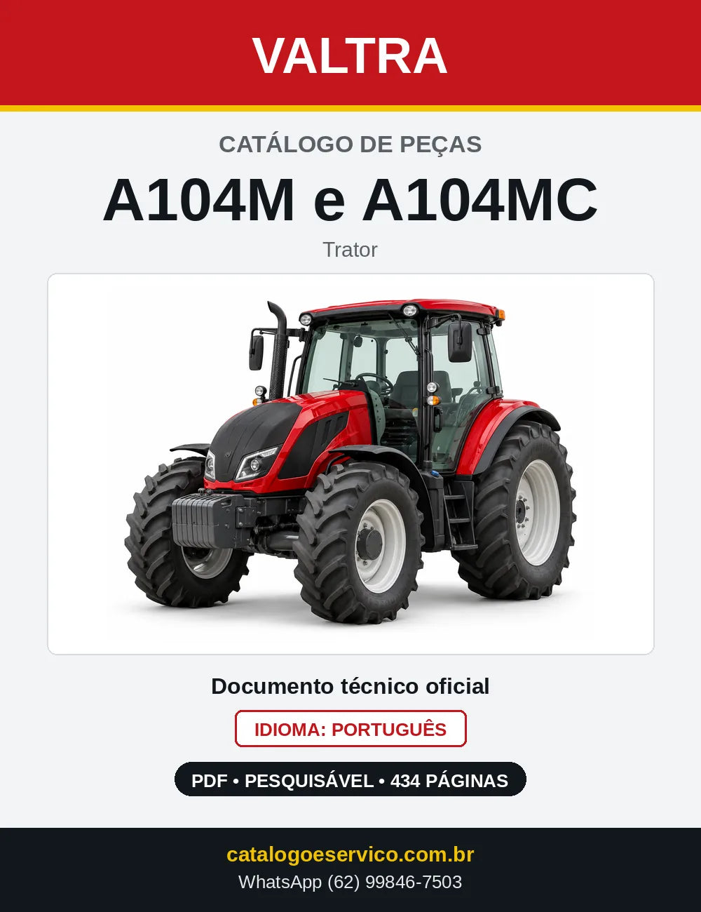 Capa do catálogo de peças Valtra A104M e A104MC em PDF
