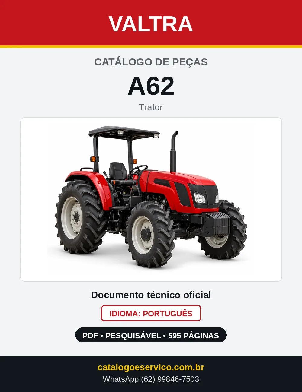 Capa do catálogo de peças Valtra A62 em PDF