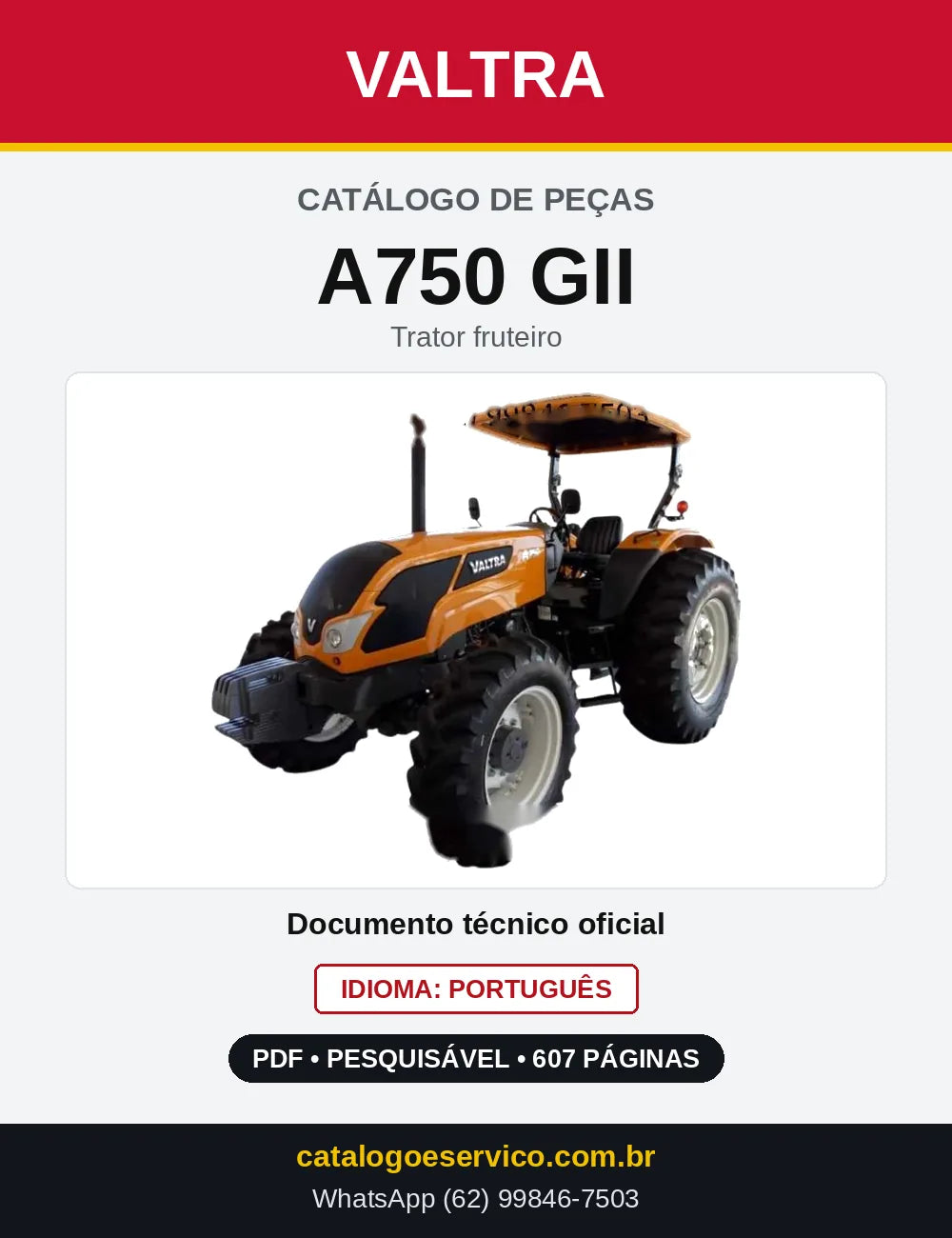 Capa do Catálogo de Peças Valtra A750 GII — Trator fruteiro