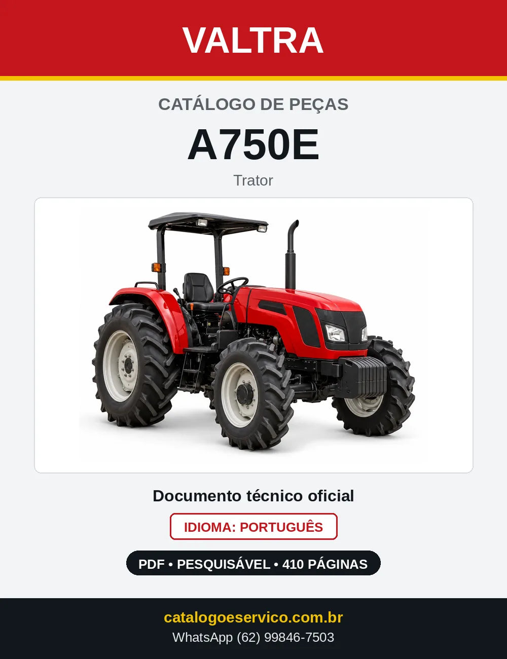 Capa do catálogo de peças Valtra A750E em PDF