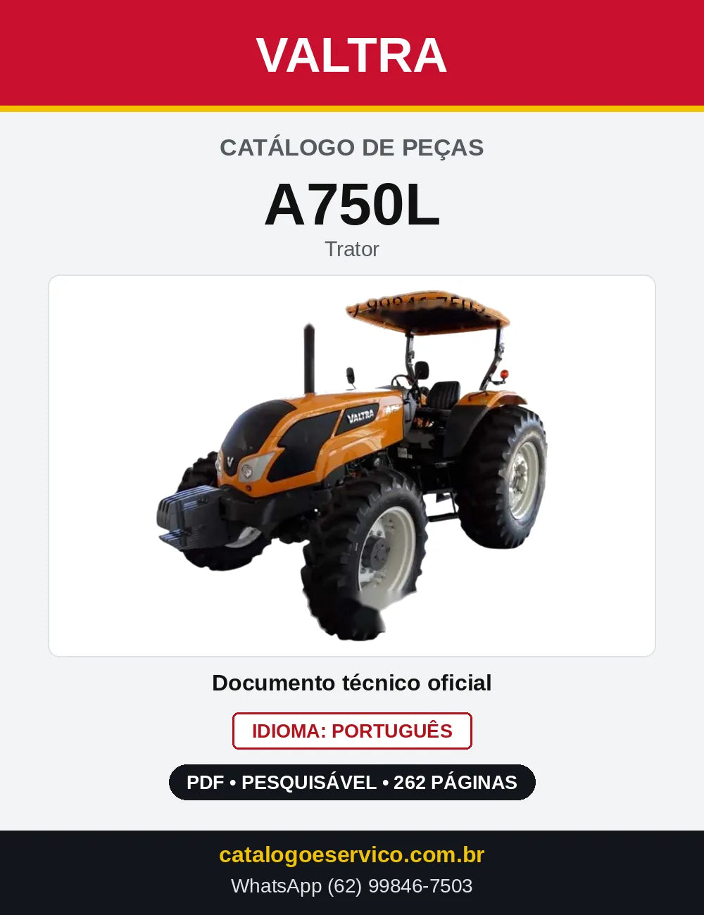 Capa do Catálogo de Peças Valtra A750L — Trator