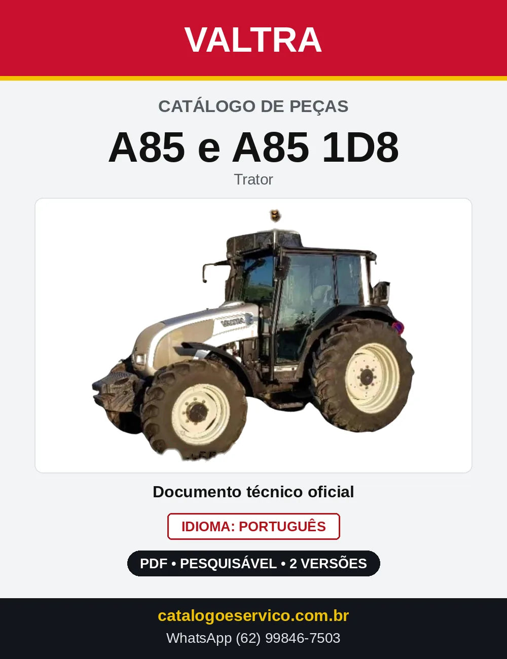 Capa do Catálogo de Peças Valtra A85 — Trator