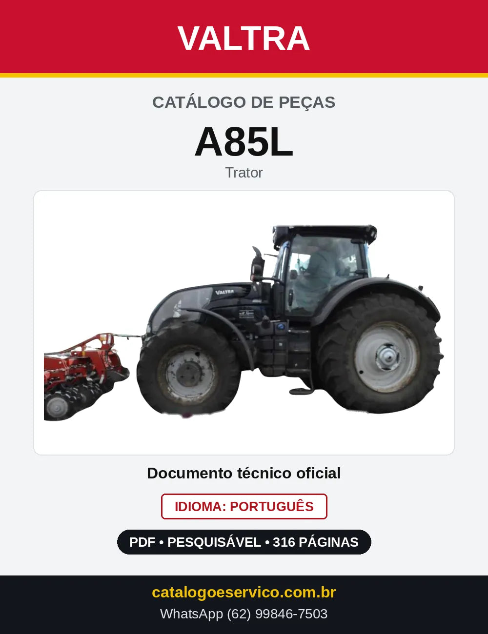 Capa do Catálogo de Peças Valtra A85L — Trator