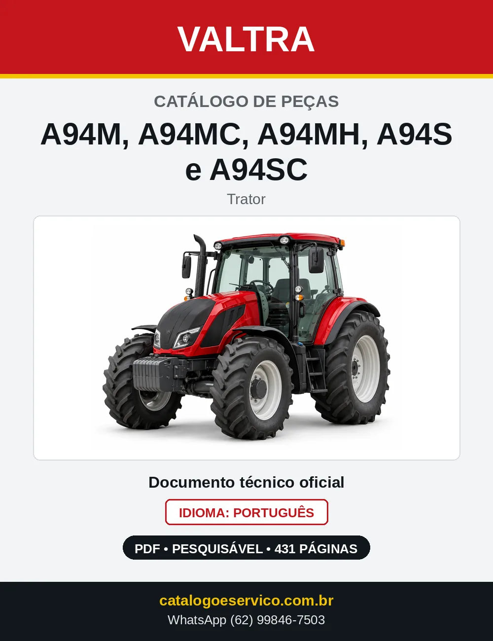 Capa do catálogo de peças Valtra A94M, A94MC, A94MH, A94S e A94SC em PDF