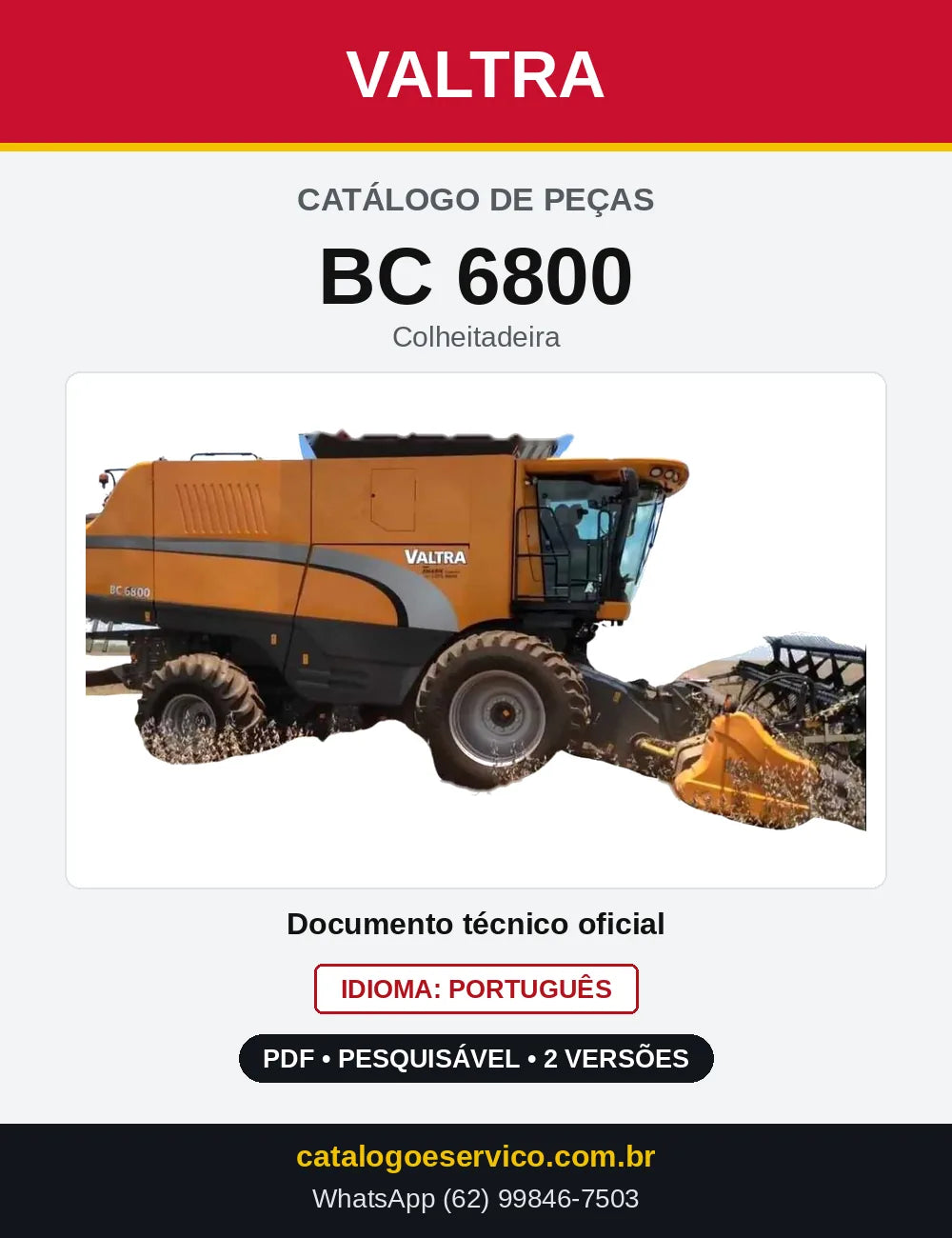 Capa do Catálogo de Peças Valtra BC 6800 — Colheitadeira