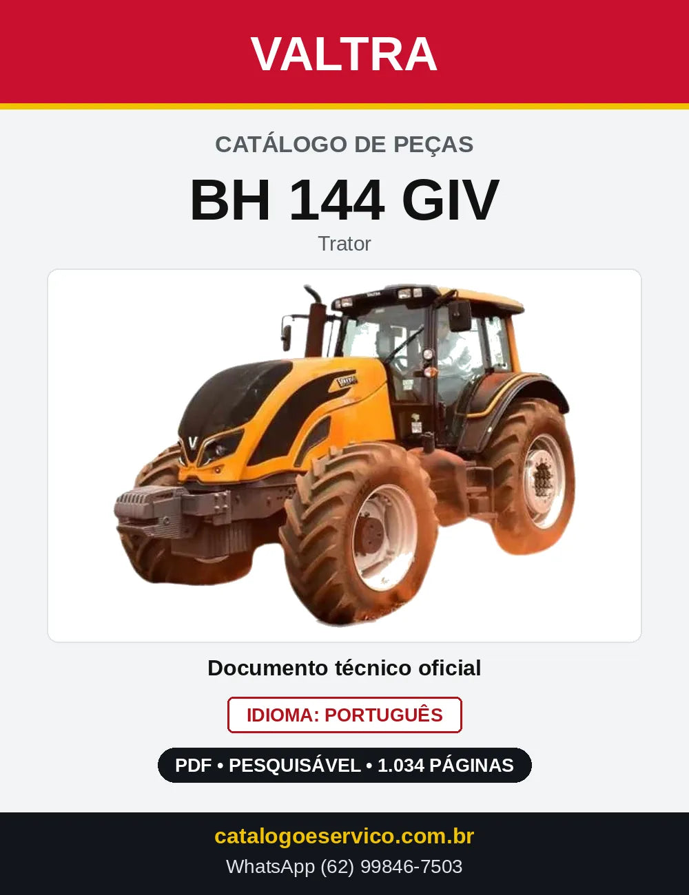 Capa do Catálogo de Peças Valtra BH 144 GIV — Trator