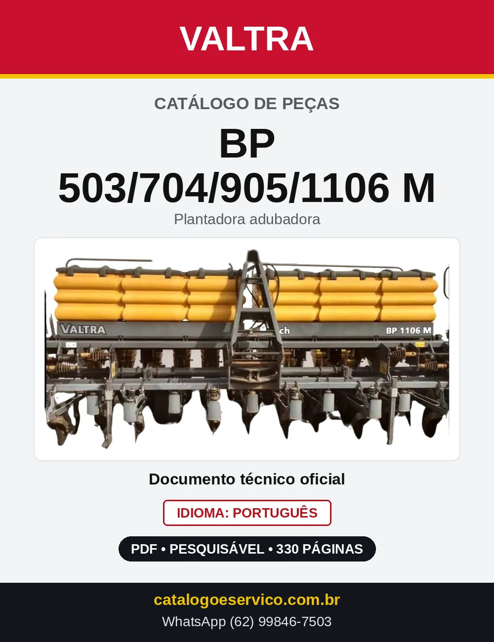 Capa do Catálogo de Peças Valtra BP 503/704/905/1106 M — Plantadora adubadora