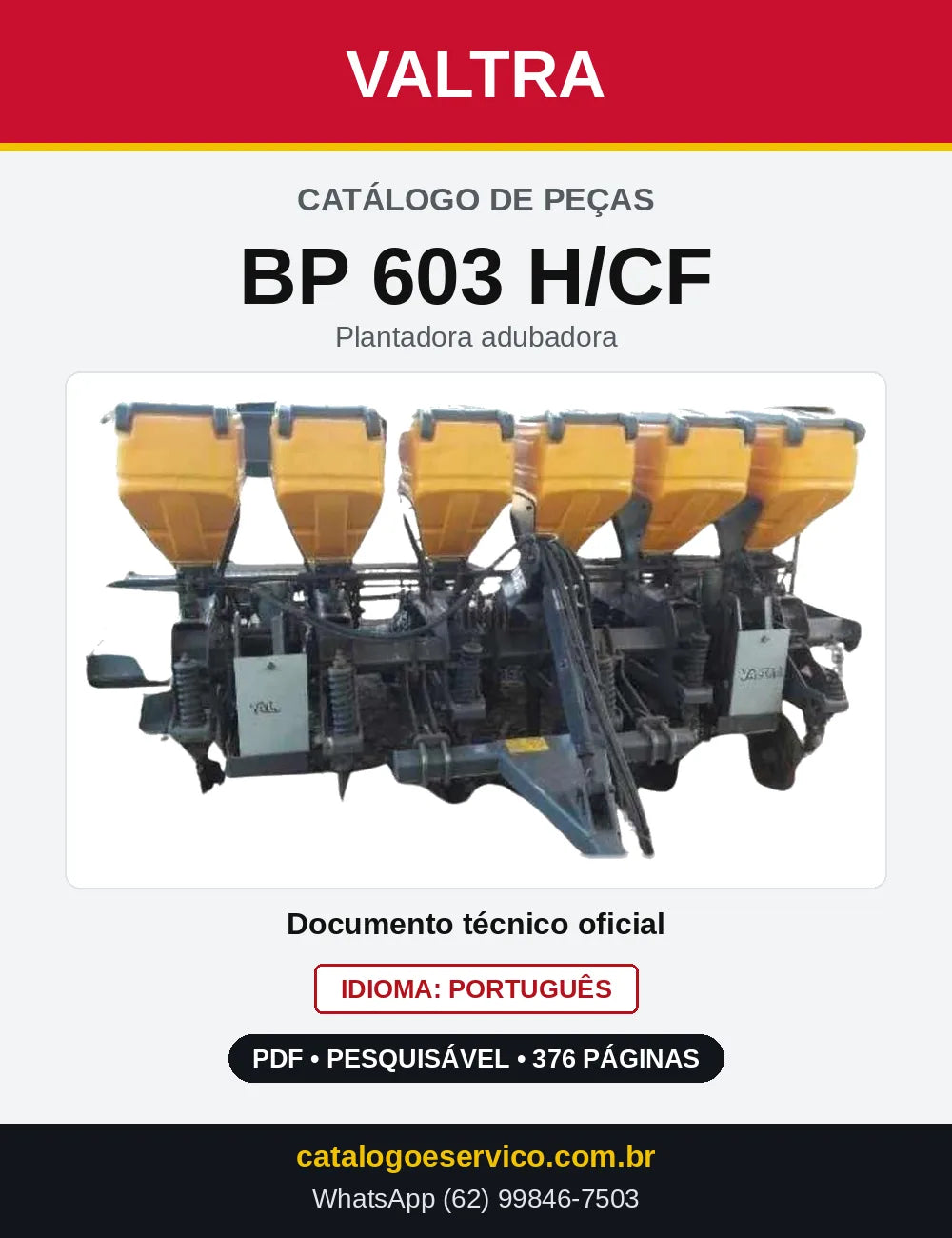 Capa do Catálogo de Peças Valtra BP 603 H/CF — Plantadora adubadora