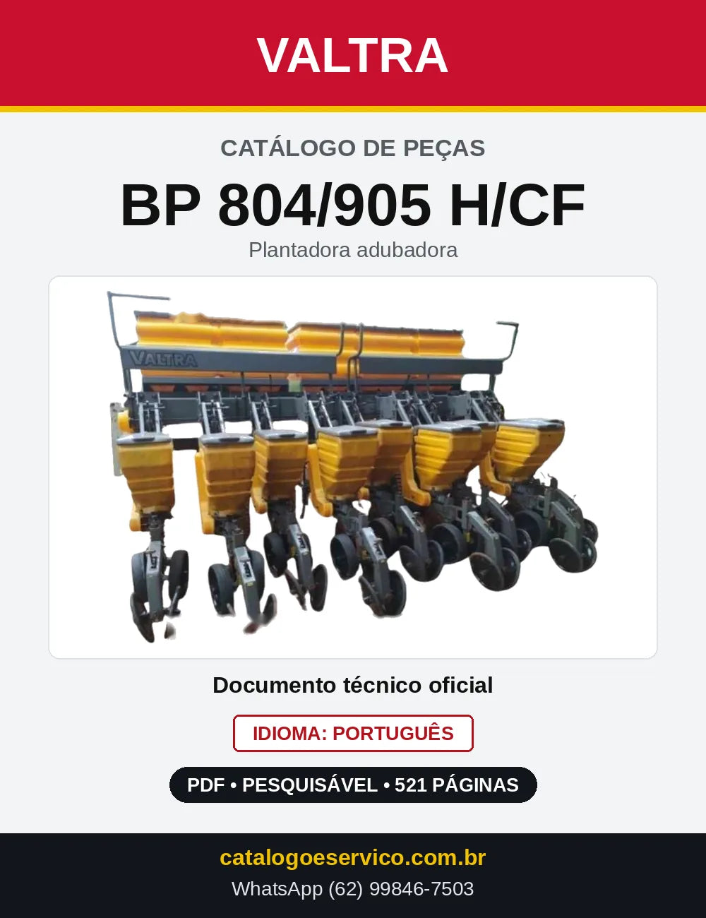 Capa do Catálogo de Peças Valtra BP 804/905 H/CF — Plantadora adubadora