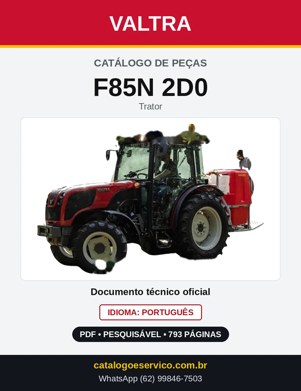 Capa do Catálogo de Peças Valtra F85N 2D0 — Trator