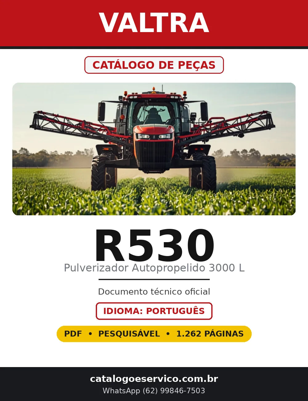 Capa do Catálogo de Peças do pulverizador Valtra R530 de 3000 litros em PDF com 1.262 páginas