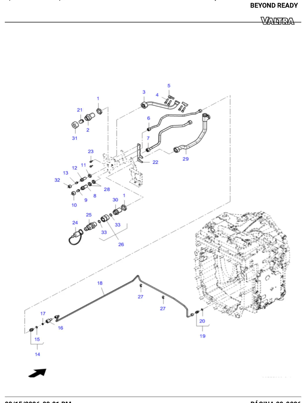 Vista explodida das tubulações hidráulicas Power Beyond Ready no Catálogo de Peças Valtra S346