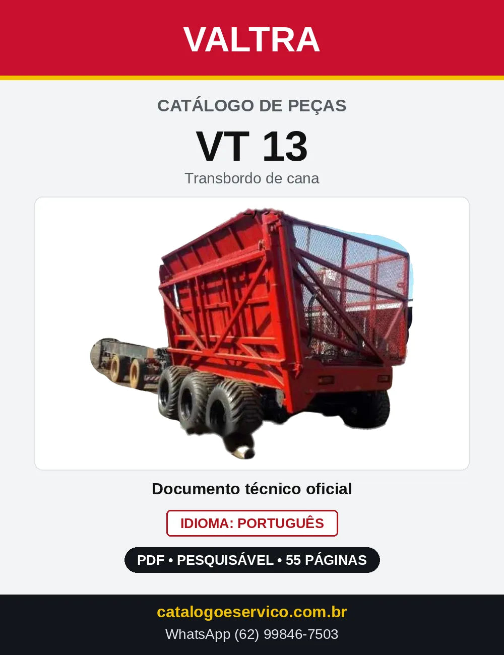 Capa do Catálogo de Peças Valtra VT 13 — Transbordo de cana