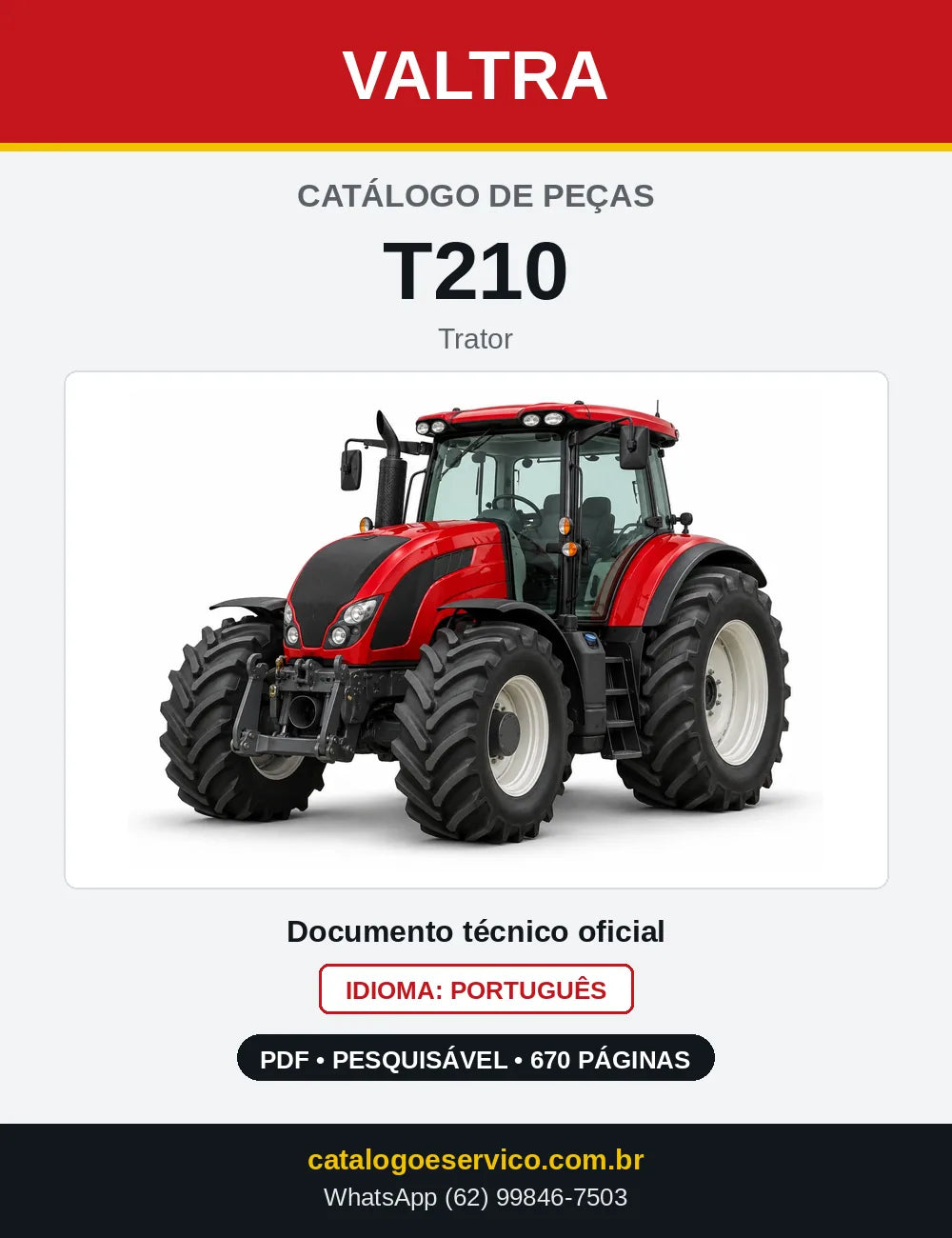 Capa do catálogo de peças Valtra T210 em PDF