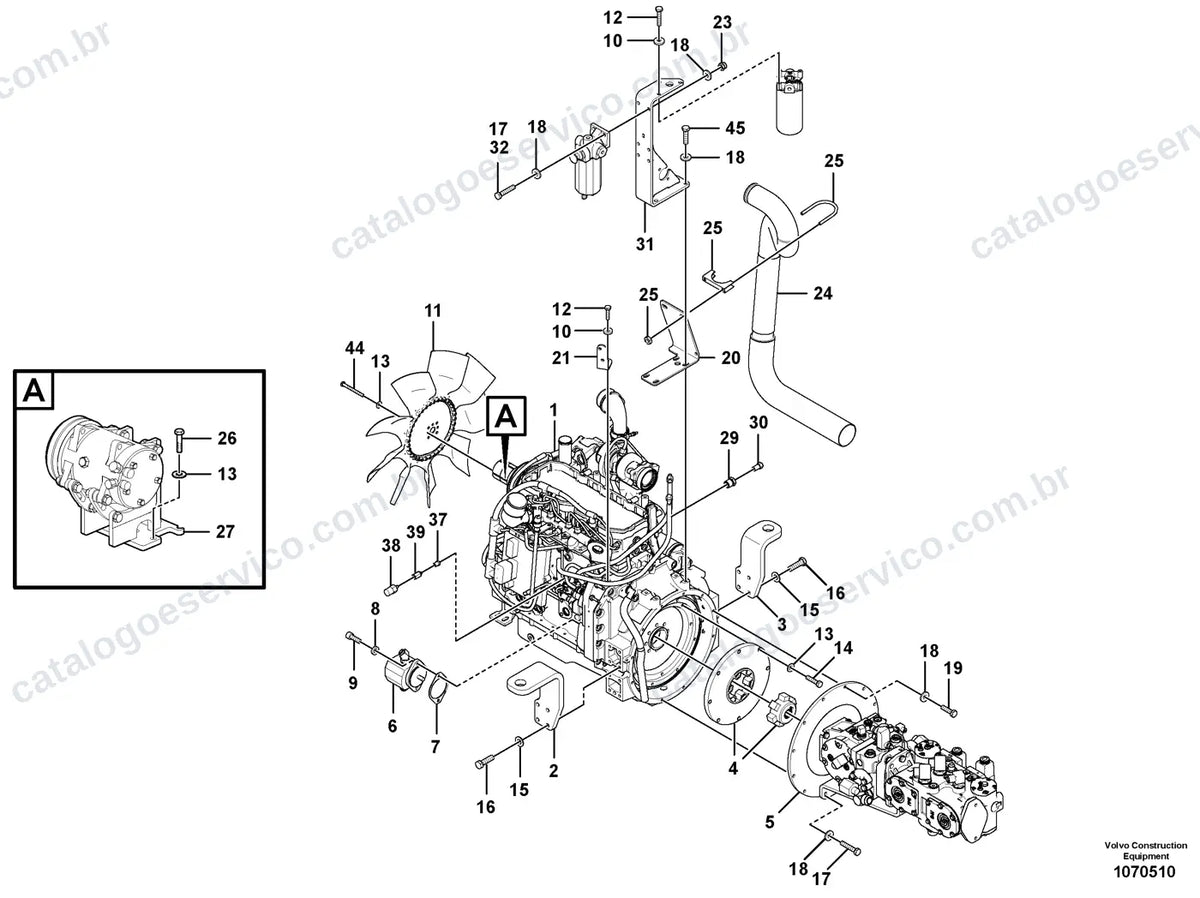 Vista explodida – motor – Catálogo de Peças Volvo DD118HA