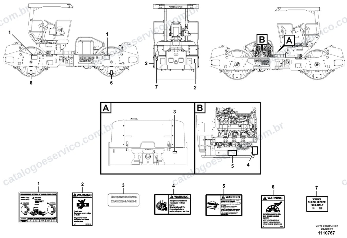 Vista explodida – cabine, carroceria e acessórios – Catálogo de Peças Volvo DD128C
