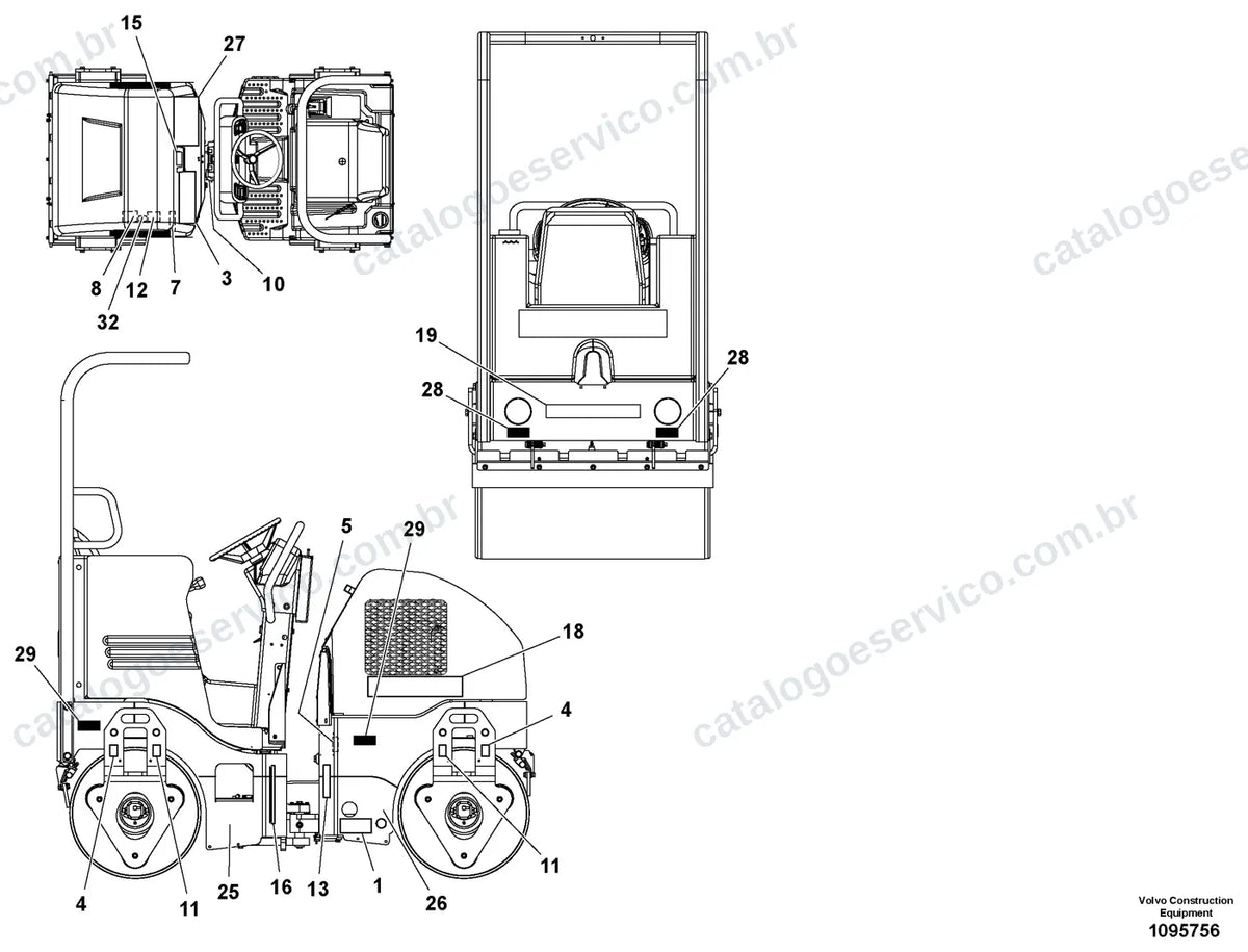 Vista explodida – cabine, carroceria e acessórios – Catálogo de Peças Volvo DD14S