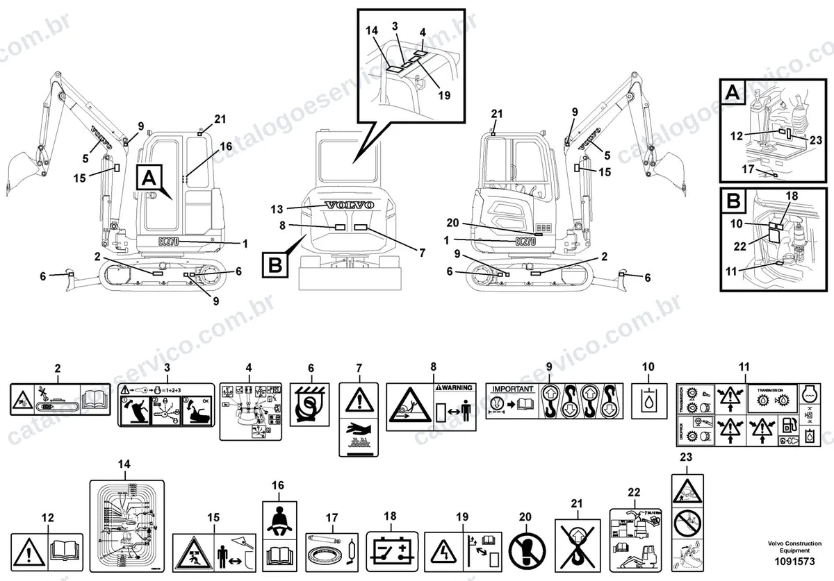 Vista explodida – cabine, carroceria e acessórios – Catálogo de Peças Volvo EC27D