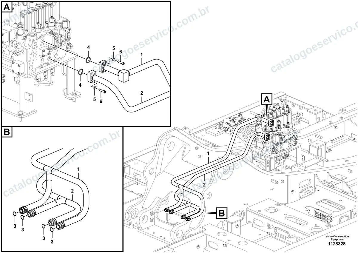 Vista explodida – sistema hidráulico e equipamento de trabalho – Catálogo de Peças Volvo EC300F (L5, LR5 e NL5)
