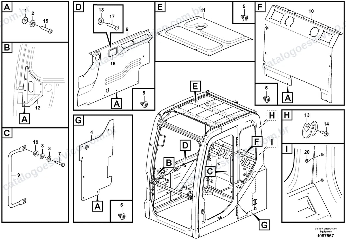 Vista explodida – cabine, carroceria e acessórios – Catálogo de Peças Volvo EC55D
