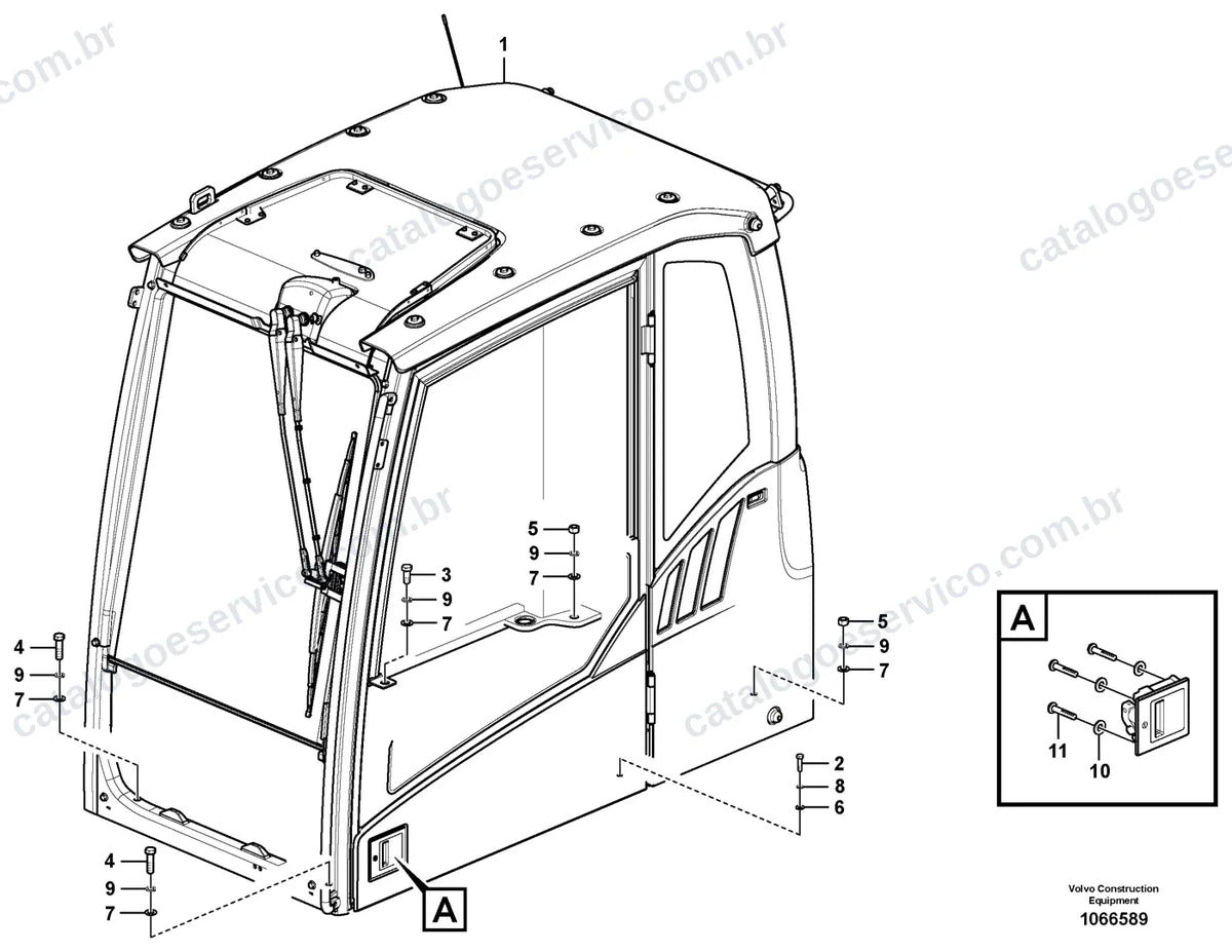 Vista explodida – cabine, carroceria e acessórios – Catálogo de Peças Volvo EC750E L e EC750E LC4