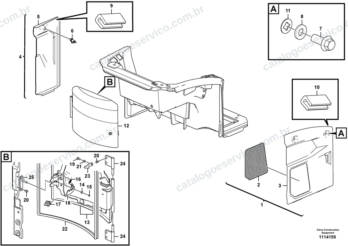 Vista explodida – cabine, carroceria e acessórios – Catálogo de Peças Volvo ECR18E