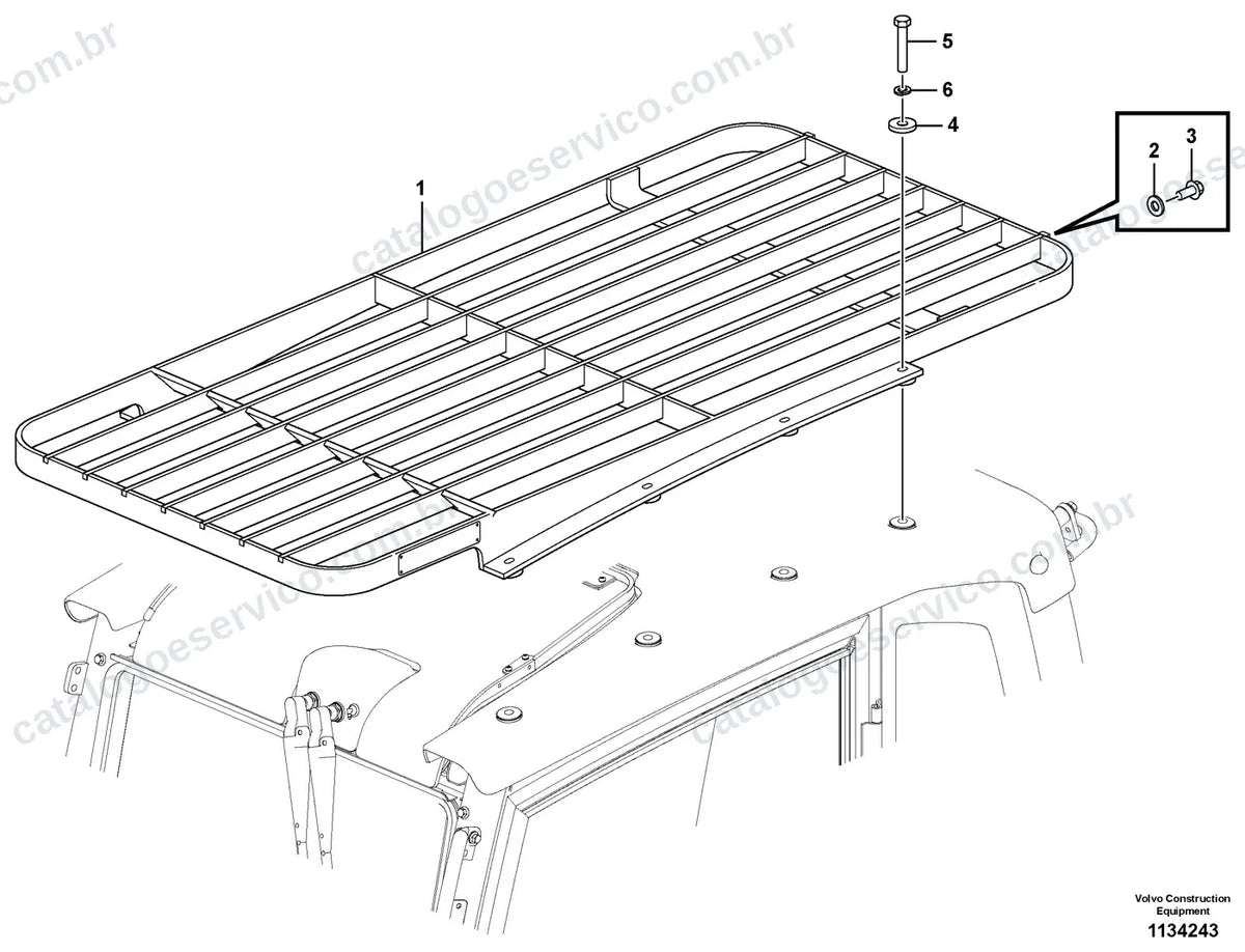 Vista explodida – cabine, carroceria e acessórios – Catálogo de Peças Volvo ECR355F L5 e ECR355F NL5