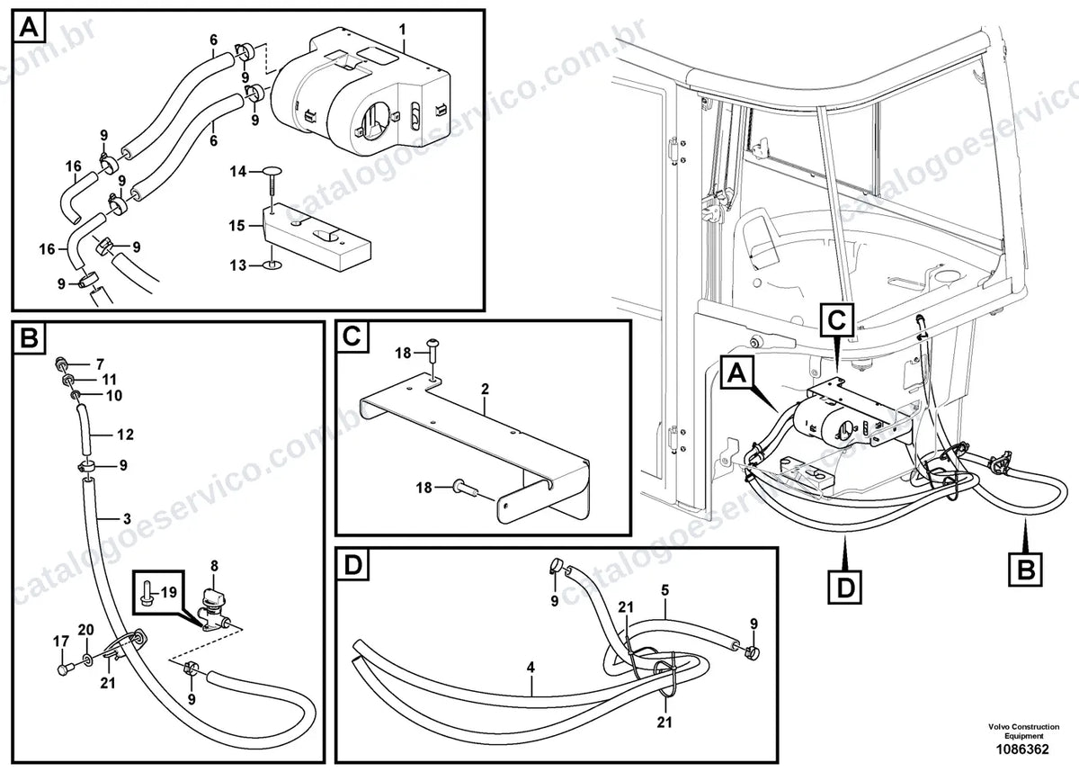 Vista explodida – cabine, carroceria e acessórios – Catálogo de Peças Volvo ECR35D