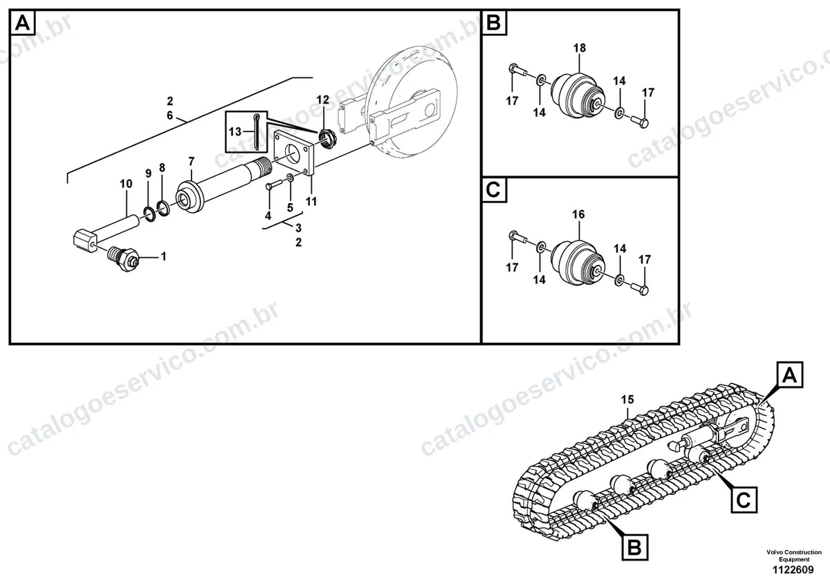 Vista explodida – chassi e material rodante – Catálogo de Peças Volvo ECR40F