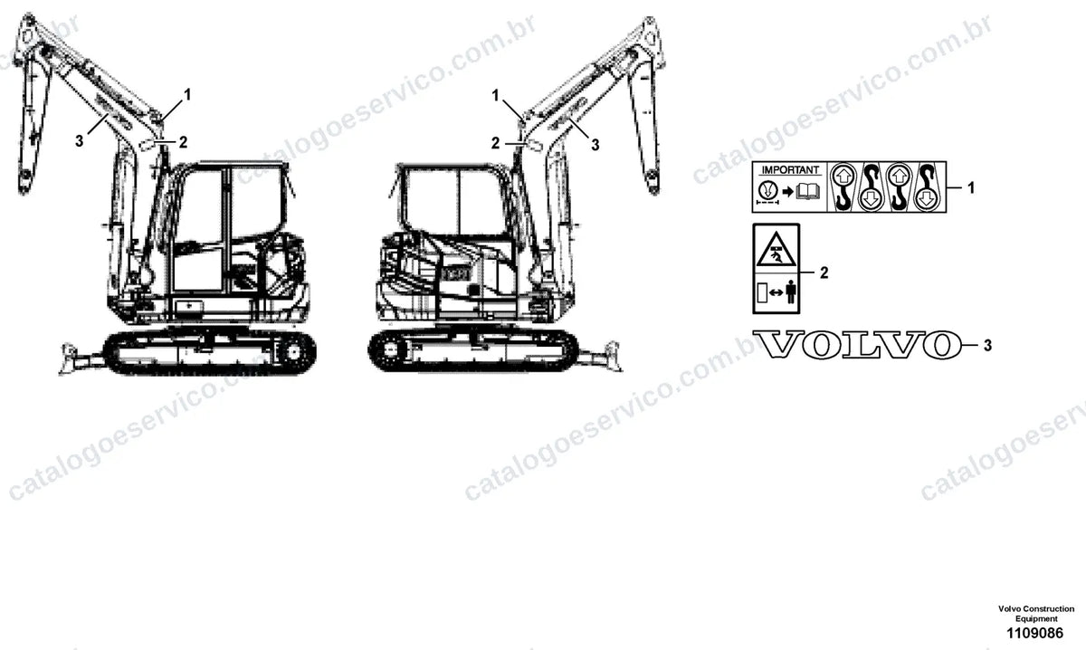 Vista explodida – cabine, carroceria e acessórios – Catálogo de Peças Volvo ECR50F