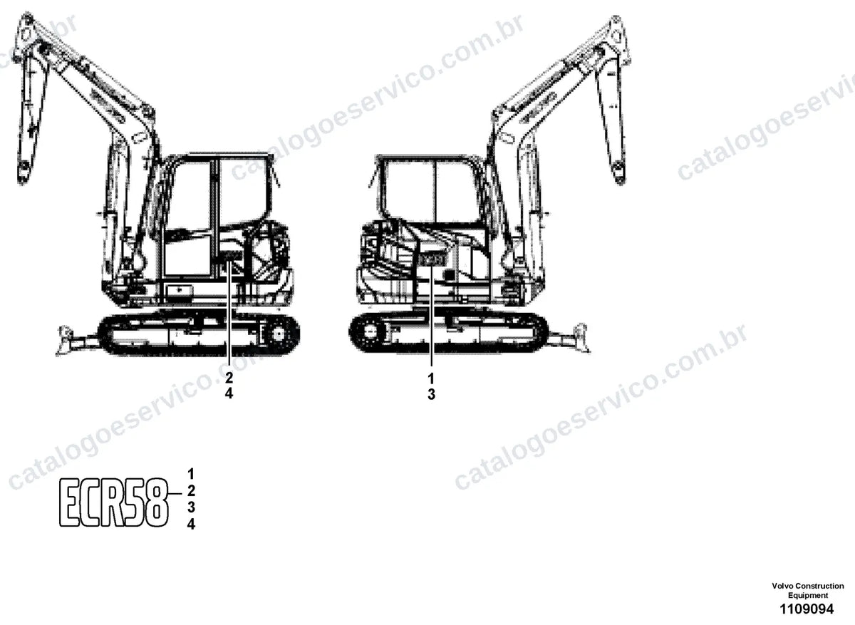 Vista explodida – cabine, carroceria e acessórios – Catálogo de Peças Volvo ECR58F