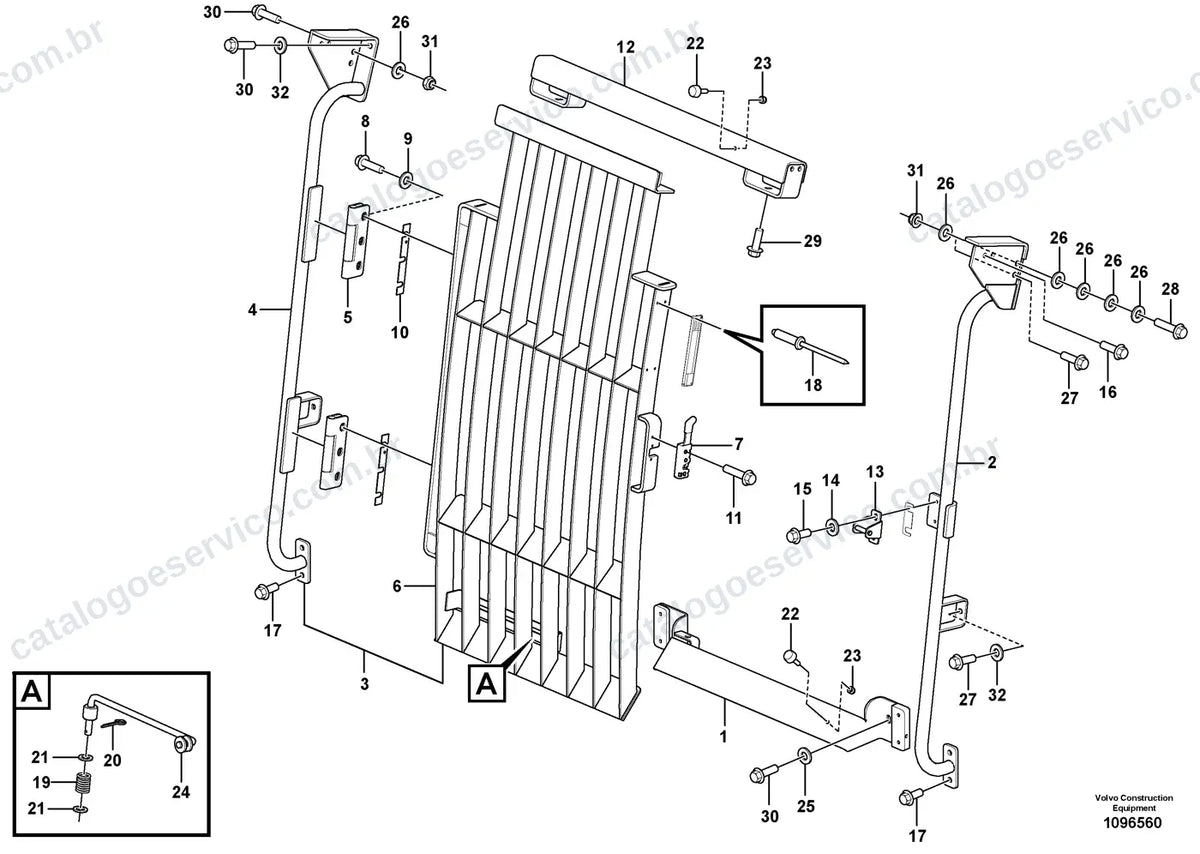 Vista explodida – cabine, carroceria e acessórios – Catálogo de Peças Volvo EW205E e EW205E C4