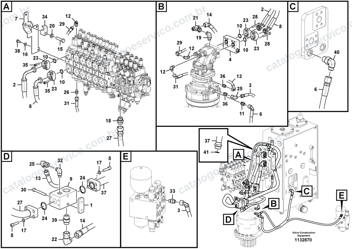 Vista explodida – sistema hidráulico e equipamento de trabalho – Catálogo de Peças Volvo EWR150F