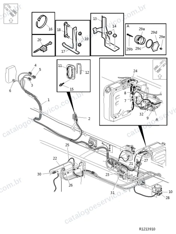 Vista explodida – sistema elétrico, iluminação e instrumentos – Catálogo de Peças Volvo FE 240