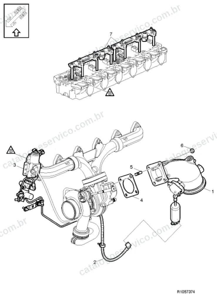 Vista explodida – motor com suporte ou coxim e equipamento – Catálogo de Peças Volvo FE 260