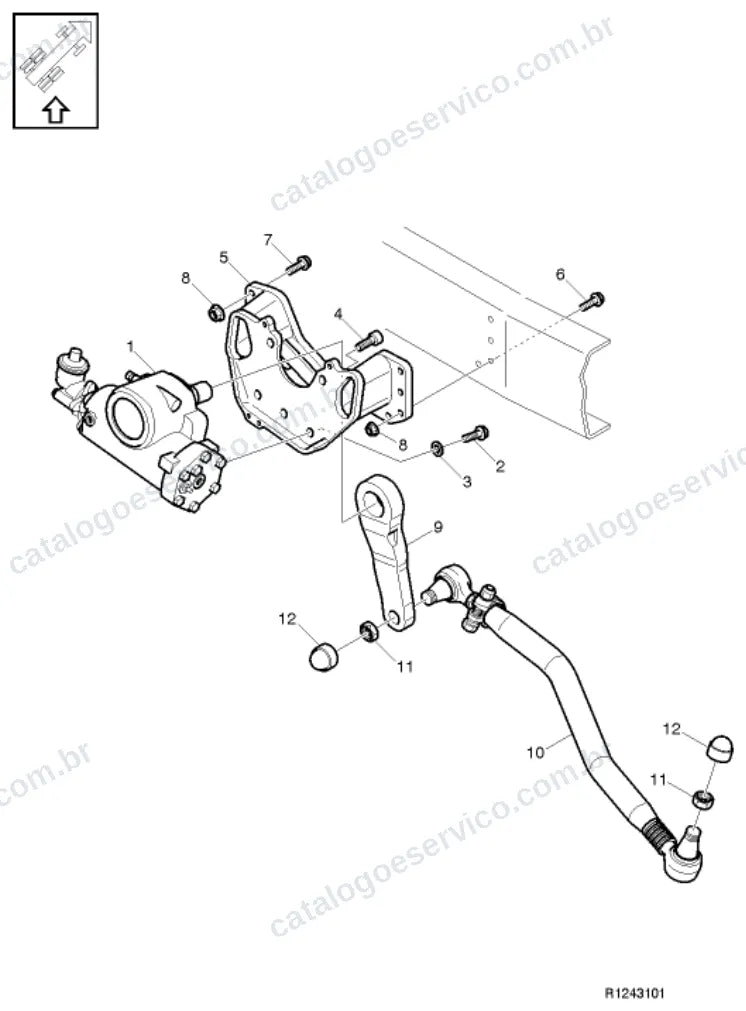 Vista explodida – suspensão das rodas e direção – Catálogo de Peças Volvo FE 280