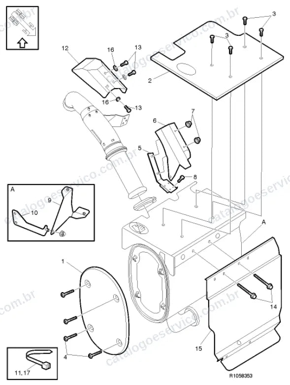 Vista explodida – motor com suporte ou coxim e equipamento – Catálogo de Peças Volvo FE 290