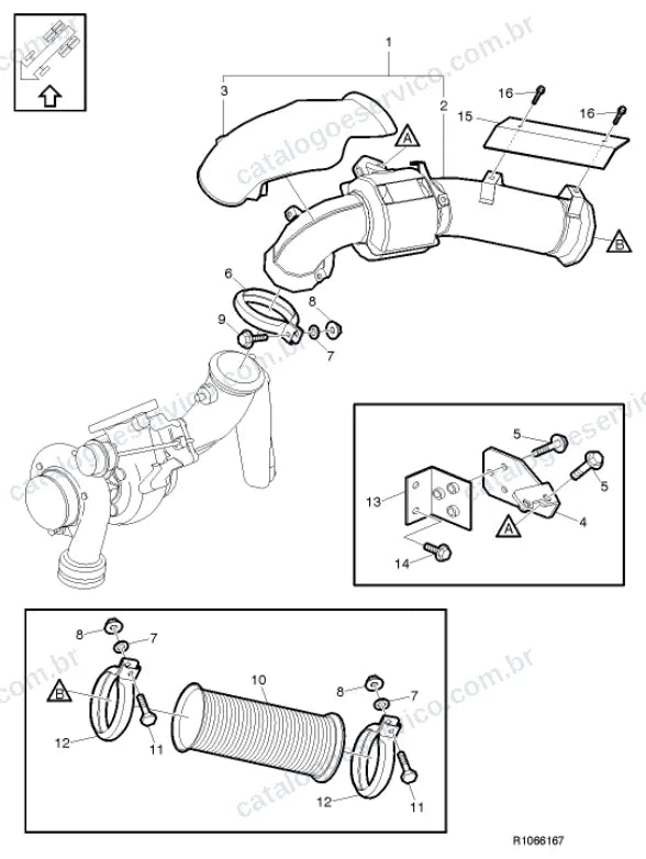 Vista explodida – motor com suporte ou coxim e equipamento – Catálogo de Peças Volvo FE 300