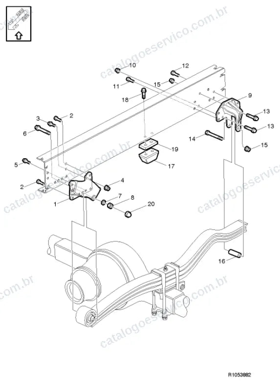 Vista explodida – suspensão das rodas e direção – Catálogo de Peças Volvo FE 300